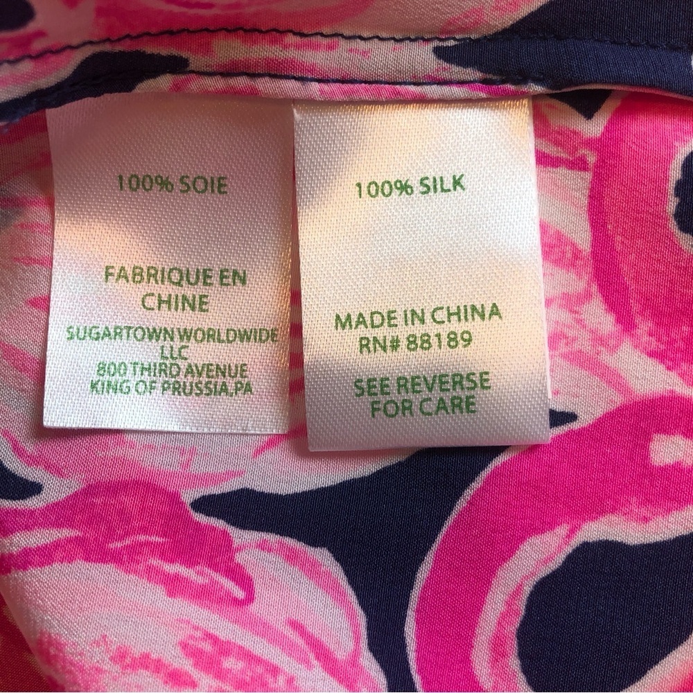 Lilly Pulitzer 100% Silk Pink & Black Long Sleeve Blouse w/ Mandarin Collar Sz S - Picture 9 of 10